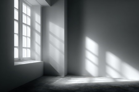 Sunlight filters through a geometric window structure, casting soft shadows on a stark studio surface. The calm atmosphere invites creativity and reflection, highlighting the simplicity of design.の素材