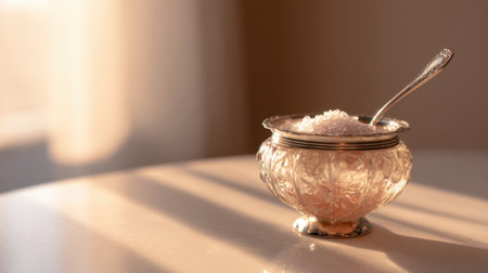 Bathed in soft warm light, a gracefully designed sugar bowl filled with sugar sits alongside a gleaming teaspoon, creating an inviting atmosphere in a cozy dining setting.の素材