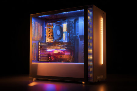 A detailed view of a desktop PC tower with the glass panel removed reveals a meticulously organized interior.の素材