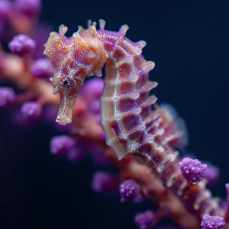 Glimpses of an enchanting underwater world unfold as a seahorse's tail tightly grips colorful coral.の素材