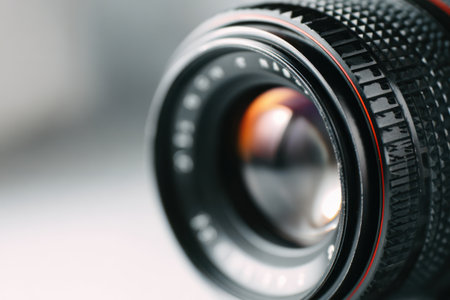 The detailed focus ring of a detached camera lens is prominently displayed, highlighting the craftsmanship and precision engineering.の素材