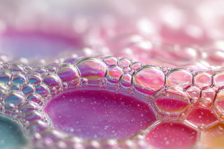 Intricate patterns of soap bubbles glisten under soft light, displaying a palette of vibrant colors against a pure white backdrop.の素材