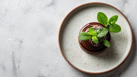 A minimalist dessert plate holds a rich chocolate mousse, elegantly garnished with vibrant mint leaves. The glossy surface of marble enhances the dessert's exquisite details, inviting indulgence.の素材