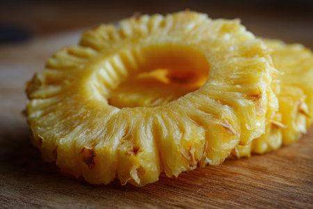 Pineapple skin spiral beautifully arranged on a wooden chopping board showcasing its vibrant colors and unique textureの素材