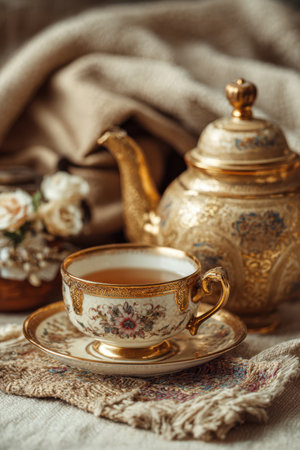 An exquisite antique tea set rests elegantly on a soft neutral textile.の素材