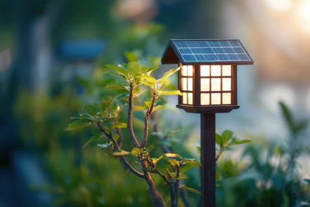 Softly glowing under the twilight sky, a solar-powered garden light stands elegantly among lush leaves, blending nature and innovation while casting a warm ambiance in the yard.の素材