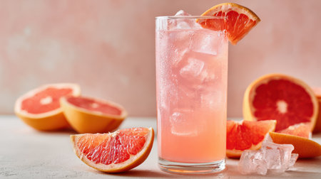 A vibrant glass filled with pink grapefruit soda showcases glistening ice cubes and a citrus wedge atop. Surrounded by fresh grapefruit halves, it evokes a feeling of summer refreshment.の素材