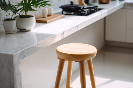 Sunlight filters through a minimalist kitchen, casting soft shadows on a wooden stool positioned under a sleek marble counter.の素材