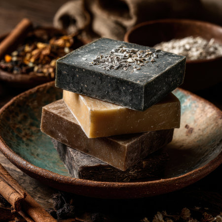 Textured bars of handmade soap rest on a rustic ceramic dish, each unique in color and pattern. Surrounding ingredients hint at an artisanal crafting process rooted in tradition.の素材