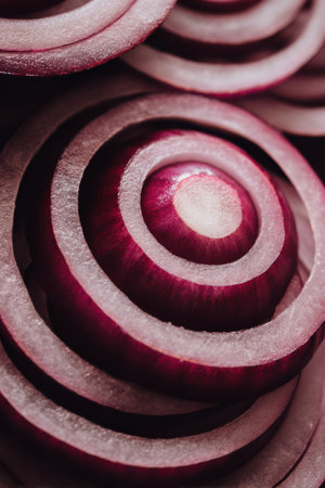 Red onion rings create a stunning concentric pattern, showcasing layers and textures in a neutral tone perspectiveの素材