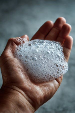 Mens shampoo foam rests in a palm, highlighting softness in a peaceful bathroom setting under gentle lightingの素材