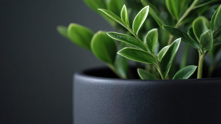 Close-up view of a lush zz plant thriving in a sleek matte black planterの素材