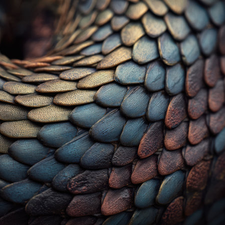 Intricate patterns and textures of a curled snake scale in vivid detail showcasing natures artistry and the beauty of reptilian skinの素材