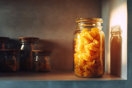 Pasta jar bathed in soft light on a stylish kitchen shelf elevating home cooking aestheticsの素材