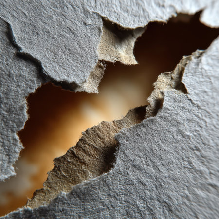 Delicate interplay of light and texture in a close-up of torn paper with a soft contrast backdrop revealing hidden depthの素材