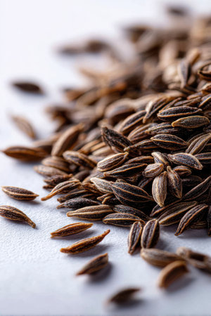 Caraway seeds scattered on a surface creating a delightful and aromatic landscapeの素材