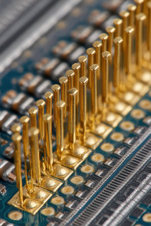 Close-up exploration of intricate CPU contact surface with detailed gold connectors in sharp focusの素材