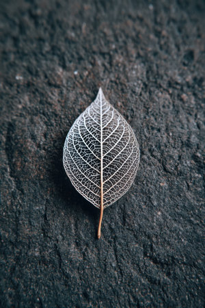 Delicate leaf silhouette displayed on a grayish surface, emphasizing its intricate details and modern look. Nature meets artistry in this serene composition, inviting a sense of calm and reflection.の素材