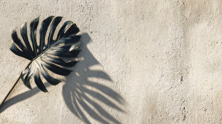 A tropical leaf casts its striking shadow on a sandy surface, illuminated by strong sunlight. The clean background offers a perfect canvas for creative expressions, evoking feelings of tranquility.の素材
