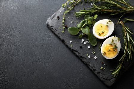 Hard-boiled eggs are showcased, perfectly halved and adorned with fragrant herbs, resting on a stylish slate board. This clean and minimal arrangement evokes a serene kitchen atmosphere.の素材