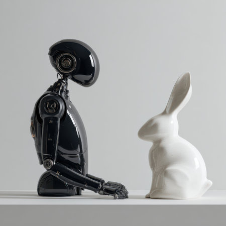 A sleek black AI device sits next to a white ceramic rabbit sculpture, creating a striking contrast.の素材
