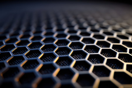 A macro view shows a detailed speaker grill with honeycomb texture and soft-focus edges for an artistic touch.の素材