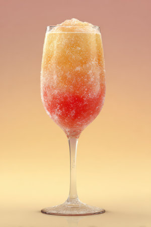 A frozen peach bellini sparkling in a flute, featuring a slushy blend of peach and raspberry hues, set on a soft gradient background.の素材