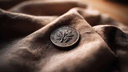 Realistic 3D-printed coin lies on gently draped soft cloth, showcasing intricate details with a warm and inviting tone.の素材