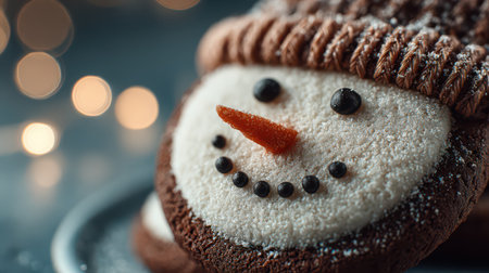 Richly baked chocolate cookie features a playful snowman face, complete with icing and candy details. Perfect for holiday treats.の素材