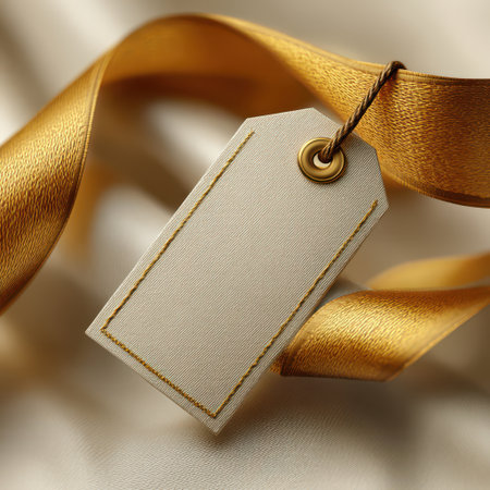 A close-up view of an elegant rectangular tag adorned with a golden eyelet, gently resting on a smooth, shimmering ribbon.の素材
