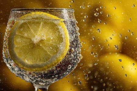 A glistening goblet of sparkling water showcases a slice of lemon.の素材