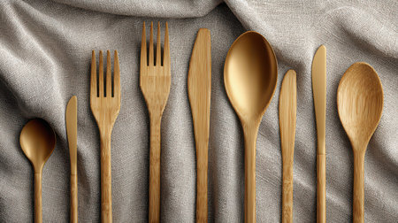 A beautifully arranged bamboo cutlery set rests on a subtly textured linen napkin, perfect for eco-friendly dining.の素材