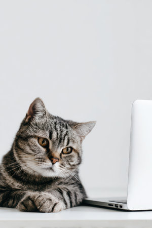 A striped cat sits calmly with one paw on a closed laptop, surrounded by a clean, white background that highlights its curious expression.の素材