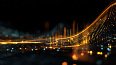 Vibrant light trails dance across a dark background, showcasing glowing charts and intricate circuit patterns.の素材