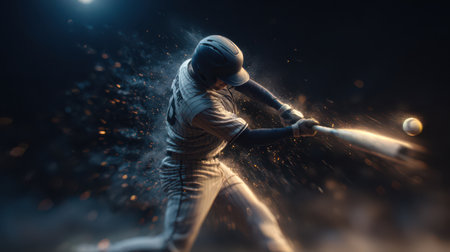 A baseball player swings hard, the bat strikes the glowing ball, sending sparks flying in a burst of dramatic light.の素材