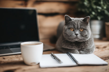A charming gray cat lounges on a wooden desk near a closed laptop, coffee cup, and an open notebook, creating a peaceful work scene.の素材