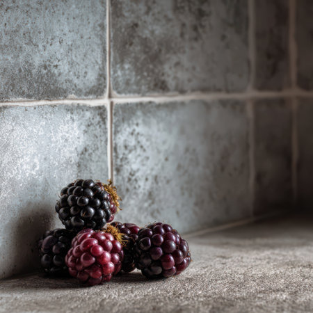 A cluster of blackberries rests on cool grey ceramic tile, surrounded by moody light that enhances their rich colors and textures.の素材