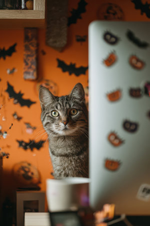 A playful cat hides behind a monitor, its wide eyes watching the surroundings, while Halloween stickers and tiny bats adorn the vibrant orange wall.の素材