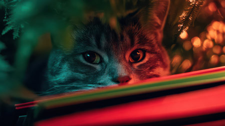 A playful cat's head is visible, nestled among red and green folders, while a bright, glowing tree adds a magical touch to the scene.の素材