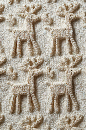 Warm crocheted reindeer adorn a textured off-white fabric, creating a cozy and festive atmosphere perfect for winter decor.の素材
