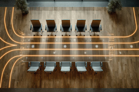 From a bird's-eye view, this modern conference room showcases illuminated paths that guide participants to each chair.の素材