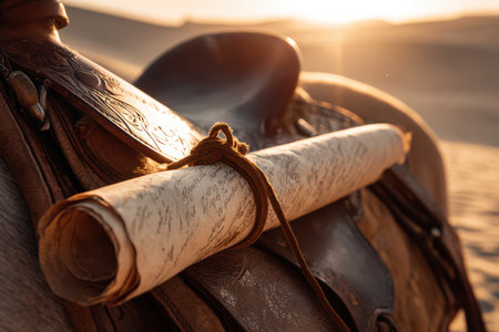 A close-up view reveals a scroll holder tied to a saddle, with faded script partially seen.の素材