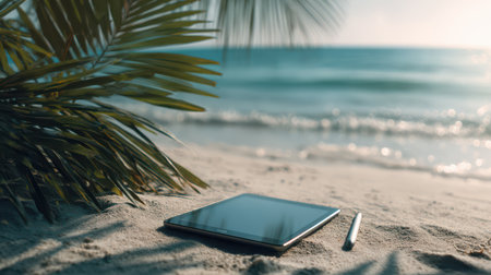 A digital tablet rests on soft sand near gentle ocean waves, with a stylus beside it, surrounded by tropical leaves in warm sunlight.の素材