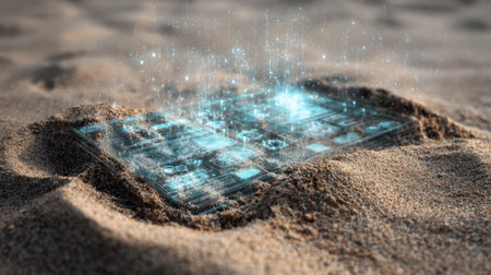 On a sunny beach, a digital hologram of productivity tools appears above the sand, blending tech with nature.の素材