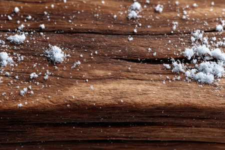 Rich dark walnut grain reveals intricate grooves filled with sparkling snow crystals, illuminated by serene light, creating a tranquil winter scene.の素材
