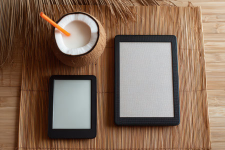 E-reader and tablet rest on a bamboo mat, while a chilled coconut drink with a straw invites relaxation and enjoyment.の素材