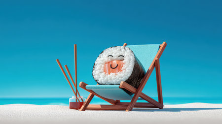 A joyful sushi roll with a smiling face relaxes in a beach chair under a clear blue sky, surrounded by chopsticks and a drink.の素材