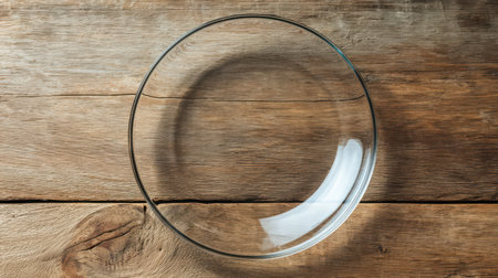 A beautiful glass bowl sits on a warm wooden table, ready to hold delicious food or decorative items. Its simple design enhances any setting.の素材