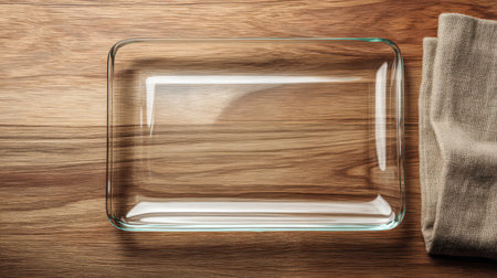 A clear glass baking dish sits on a smooth wooden table, accompanied by a beige cloth. Perfect for preparing delicious meals.の素材