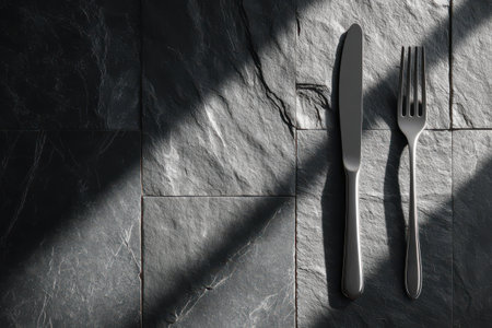 A sleek knife and fork are placed neatly on a textured dark stone surface, illuminated by gentle sunlight. The shadows create a warm ambiance.の素材